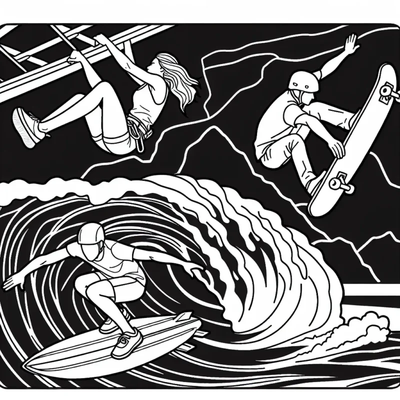 Dessine un parcours de course d'obstacles extrême avec un grimpeur, un surfeur et un skateur faisant des figures spectaculaires