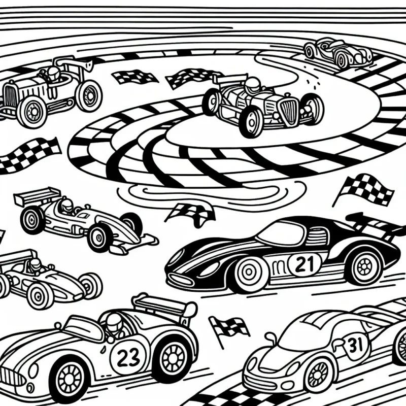 Dessine une grande course de voitures avec des véhicules de styles différents (course, vintage, sport, etc.) sur une piste remplie de virages serrés et de sauts