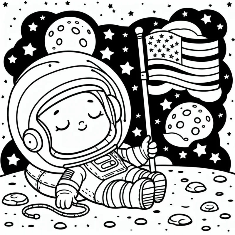 Un astronaute se détend sur la lune, tenant un drapeau avec des étoiles tout autour de lui.