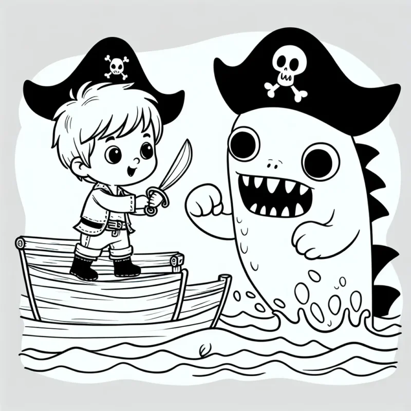 Un petit garçon pirate sur son navire en pleine bataille avec un monstre marin