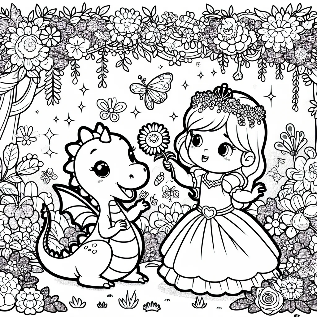 Dessine une princesse jouant avec son adorable dragonnet dans un jardin enchanté plein de fleurs