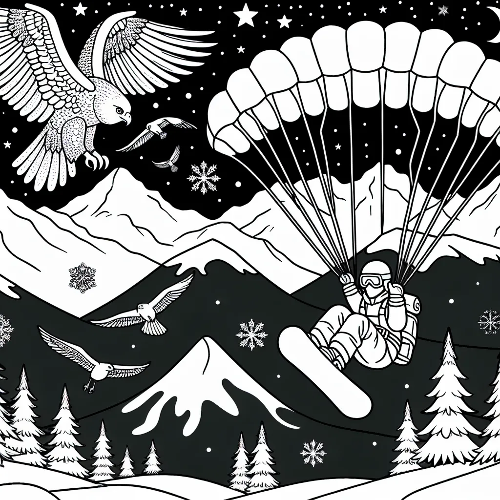 Un saut de snowboard extrême dans les montagnes enneigées avec un parachute, encadré par des rapaces planeurs et un ciel étoilé