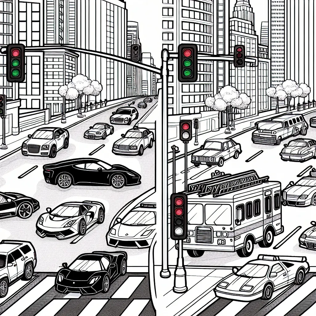 Des voitures de toutes sortes sont garées dans une avenue très animée, attendant que les feux de signalisation changent. Il y a des voitures de sport, des voitures anciennes, des fourgonnettes colorées et même une camionnette de pompiers. Jetez votre meilleur coup d'œil pour colorer le paysage urbain.