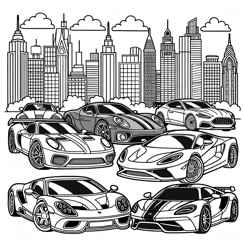 Dessine une variété de voitures par marque comme Porsche, BMW, Audi, Ferrari et Mercedes dans un décor urbain