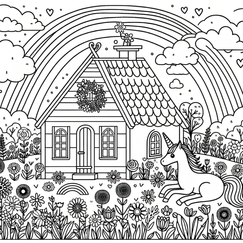 Un joli chalet dans un champ de fleurs avec une licorne jouant près d'un arc-en-ciel.