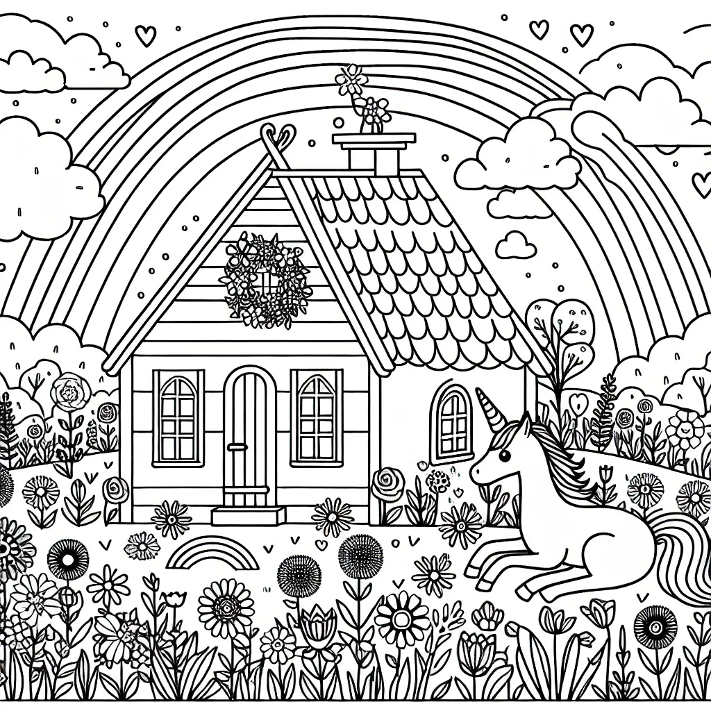 Un joli chalet dans un champ de fleurs avec une licorne jouant près d'un arc-en-ciel.