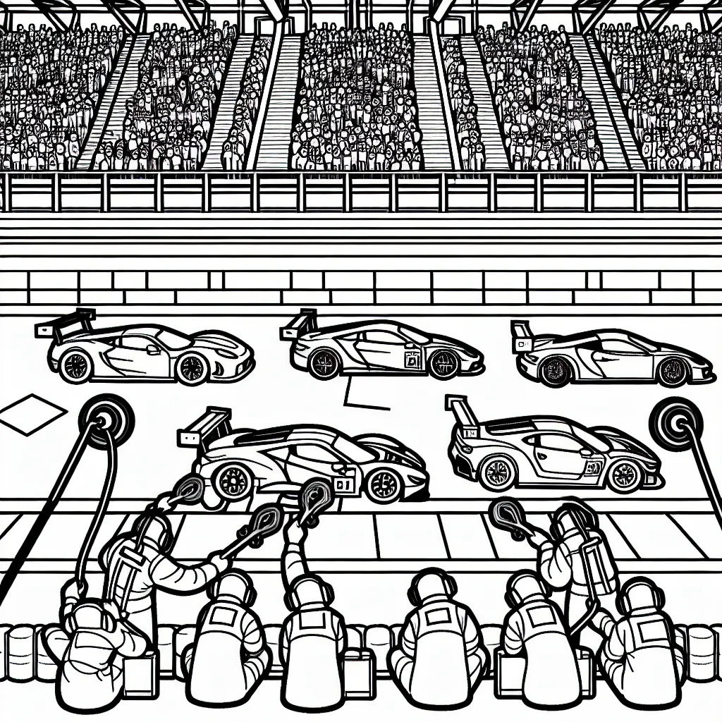 Dessine une course incroyable entre des voitures de sports sur un circuit animé, avec des gradins remplis de spectateurs et des équipes de mécaniciens dans les stands, prêts à effectuer des arrêts aux stands rapides.