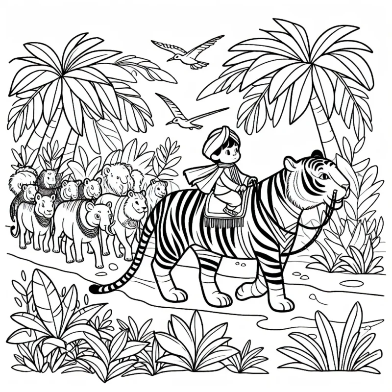 Dans une jungle luxuriante, un petit garçon courageux chevauche un magnifique tigre à rayures, guidant un convoi d'animaux exotiques. Dessine le petit garçon, le tigre, et les animaux qu'ils guident.