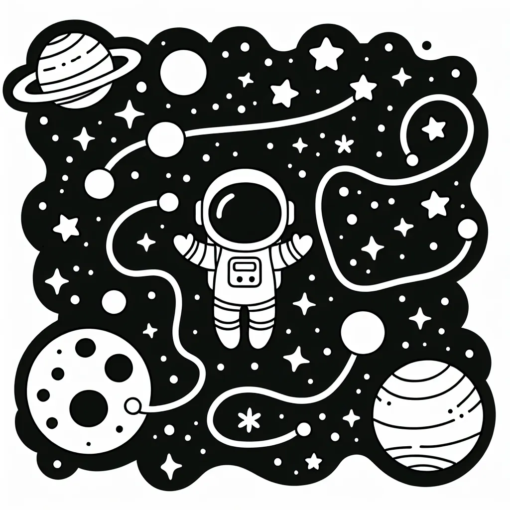 Un petit astronaute flottant dans l'espace, entouré de planètes, d'étoiles et de comètes.