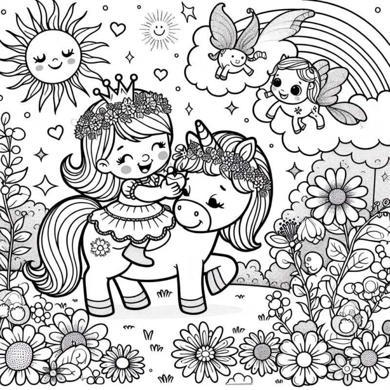 Une adorable petite princesse joue avec son poney magique dans un jardin enchanté, entourée de fleurs en fleurs et de farfadets pétillants. Le soleil souriant les regarde depuis le ciel. Imaginez les couleurs vives pour ce dessin, rendant la scène aussi vivante que possible.