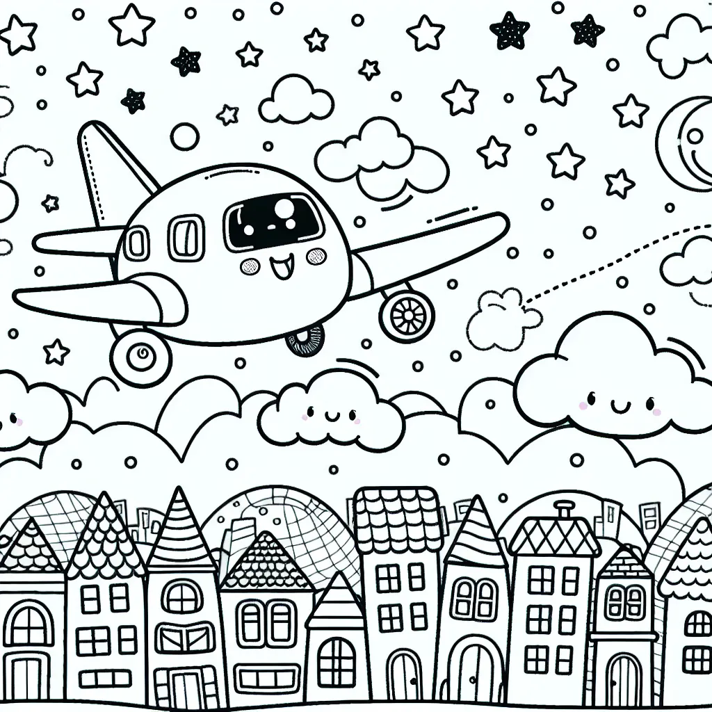 Un avion survole une ville peuplée d'adorables immeubles multicolores avec un fond de ciel d'azur empli d'étoiles et de nuages. Dans l'avion, un petit bonhomme souriant regarde par le hublot avec excitation.