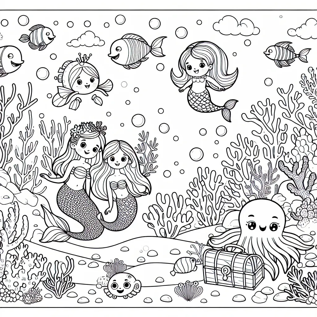 Dessine un paysage féérique sous-marin, avec une famille de sirènes et des créatures marines joyeuses, entourées de coraux multicolores. N'oubliez pas de colorier le trésor enfoui!