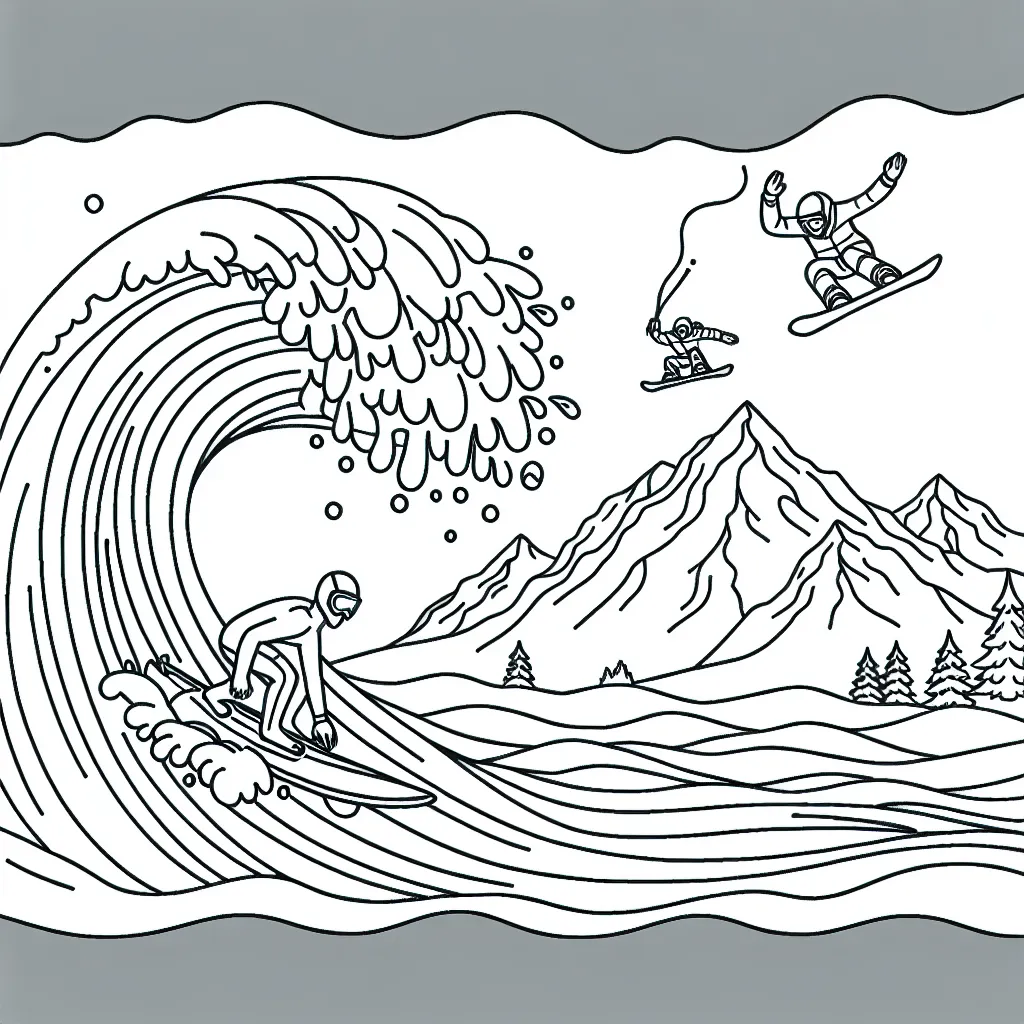 Dessine un surfiste audacieux chevauchant une gigantesque vague, avec des montagnes enneigées en arrière-plan où des snowboardeurs effectuent des sauts épiques.