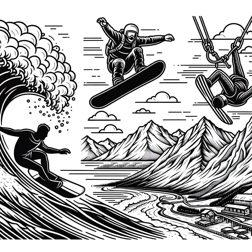 Dessine un surfeur chevauchant une vague gigantesque, un snowboarder en plein saut acrobatique sur une montagne enneigée et un sauteur à l'élastique plongeant d'une falaise vertigineuse.