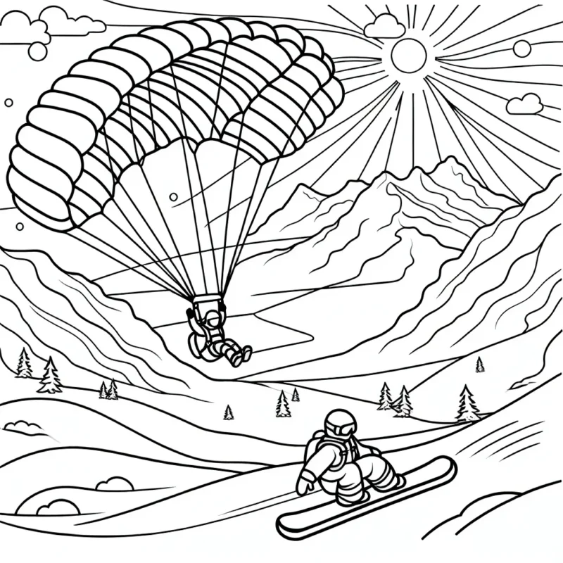 Dessine un saut en parachute depuis une montagne enneigée avec un snowboarder qui dévale la pente