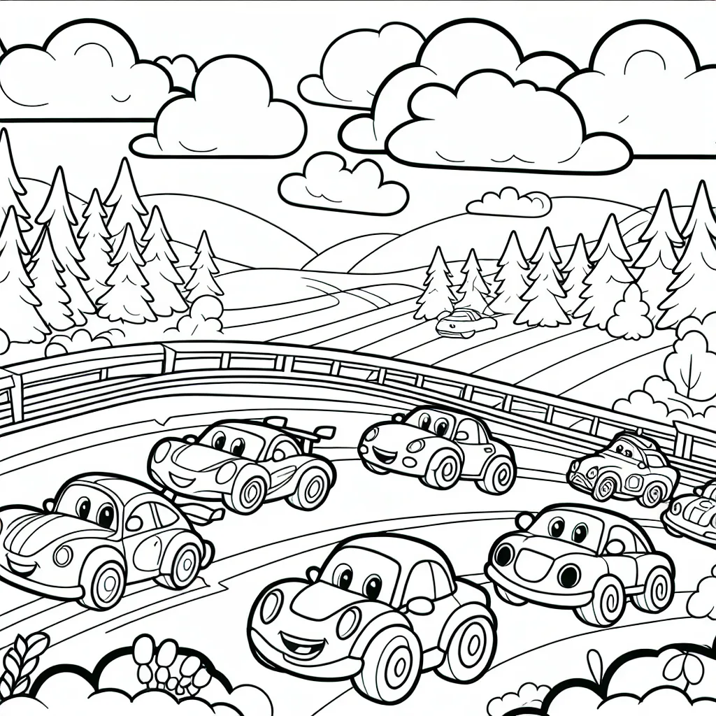 Une course animée avec différents types de voitures sur un circuit pittoresque.