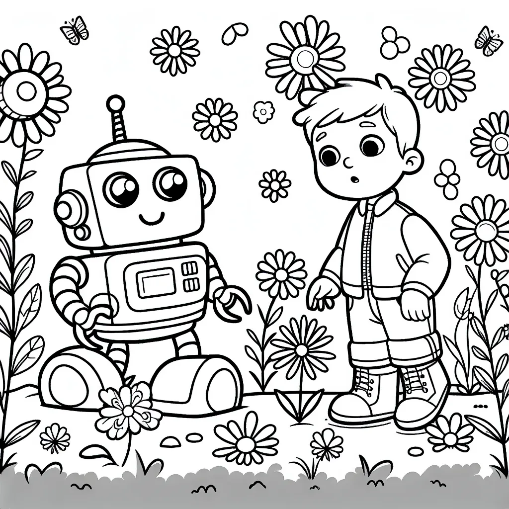 Un petit robot curieux découvre un champ de fleurs multicolores. À côté, un jeune garçon l'observe avec fascination.