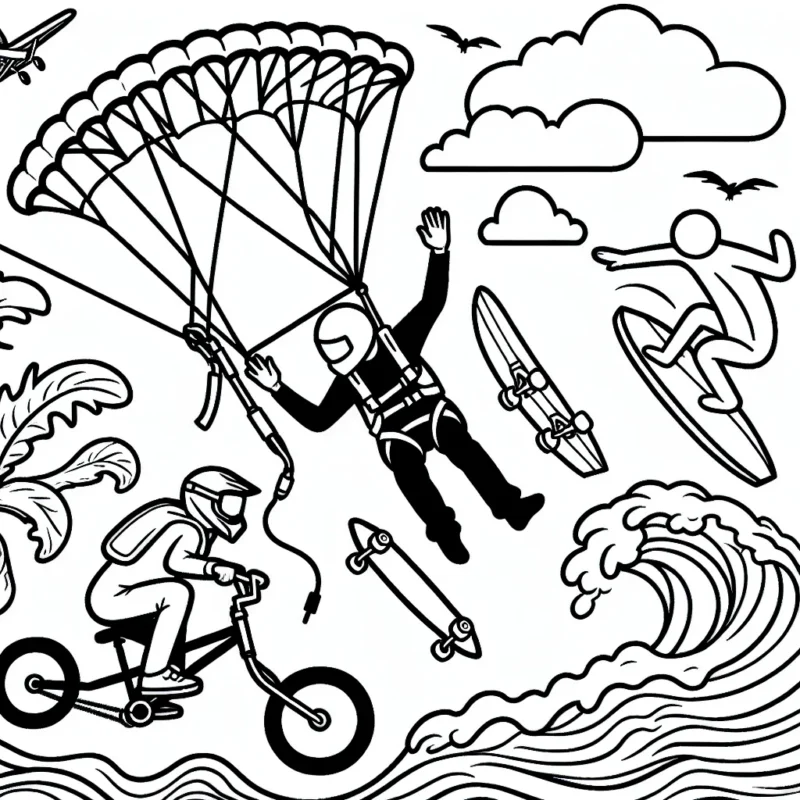 Imagine que tu sautes en parachute, tu pratiques le surf et fais du BMX en même temps ! Comment serait-ce ? Couleurs, formes ... Laisse libre cours à ton imagination !