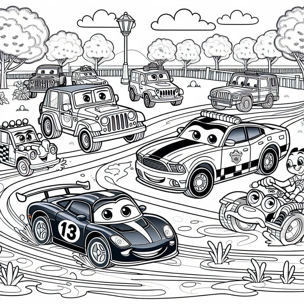 Sur cette page de coloriage, tu trouveras une scène animée d'un parc de voitures animées. En premier plan, une voiture de course flamboyante zigzague joyeusement tandis qu'une voiture de police la suit de près. Sur le côté, une jeep robuste traverse des flaques d'eaux, et en arrière-plan, une élégante voiture de luxe brille sous le soleil. Amuse-toi à fournir ces véhicules avec des couleurs vives et animées pour apporter la scène à la vie.