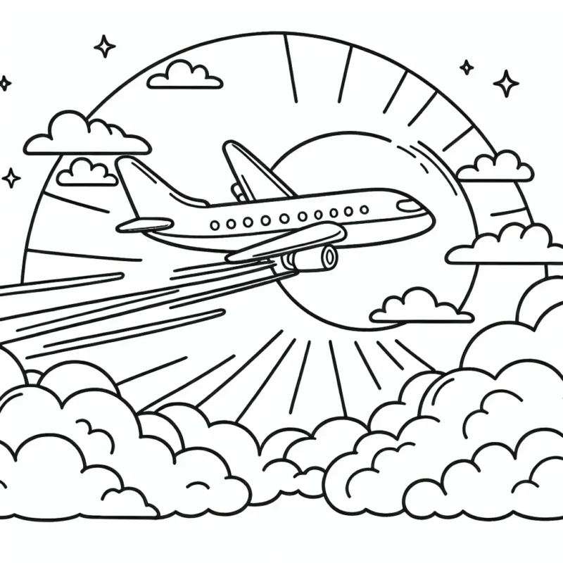 Coloriez l'avion à réaction zoomant à travers les nuages avec le soleil couchant en arrière-plan