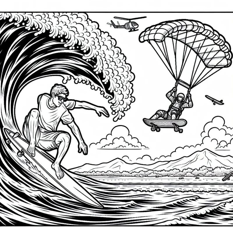 Dessiner un surfeur exécutant une manœuvre incroyable sur une vague gigantesque, tandis qu'un parachutiste descend dans le ciel en arrière-plan. Ajoutez également un skateur effectuant un saut impressionnant avec son skateboard dans le coin du dessin.