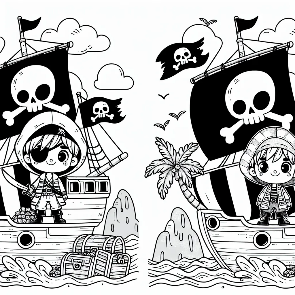 Un petit garçon, habillé à la mode du pirate avec une capuche en forme de crane, tient un drapeau marqué d'une tête de mort dans une main. Il est debout sur le pont d'un grand bateau pirate, dont on aperçoit les mâts, les voiles et les cordes. Au large, on peut voir un îlot avec un palmier et des coffres au trésor. Le bateau navigue sur une mer déchaînée avec des requins qui montrent leurs nageoires.