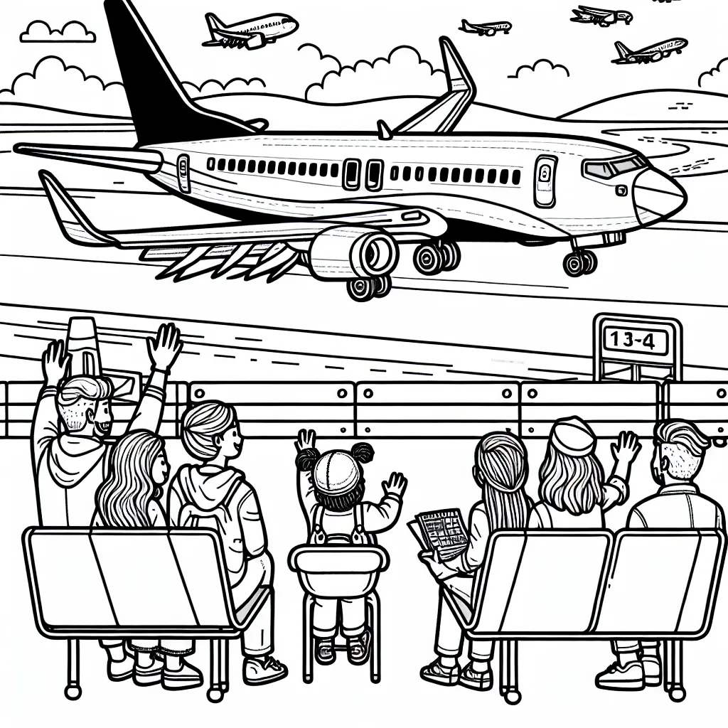 Un dessin détaillé d'un avion commercial arrivant à l'aéroport, avec le pilote et les passagers visibles à travers les fenêtres