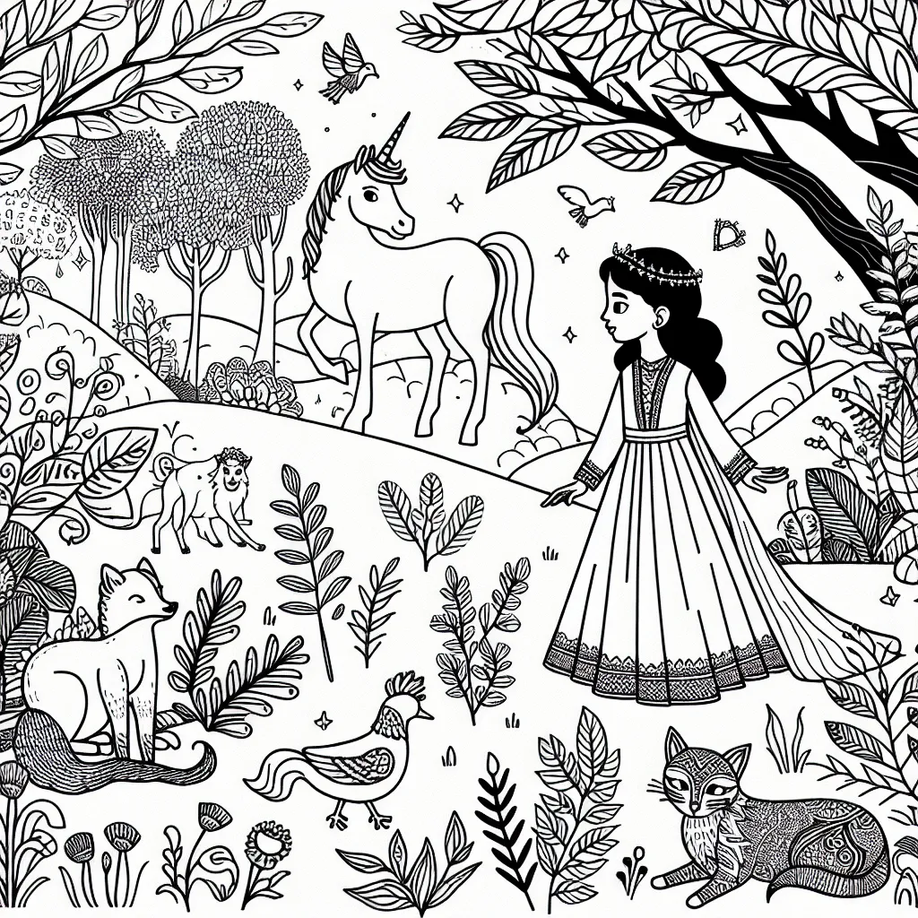 Un conte de fées dans un jardin magique avec une licorne, une jeune princesse et ses amis animaux