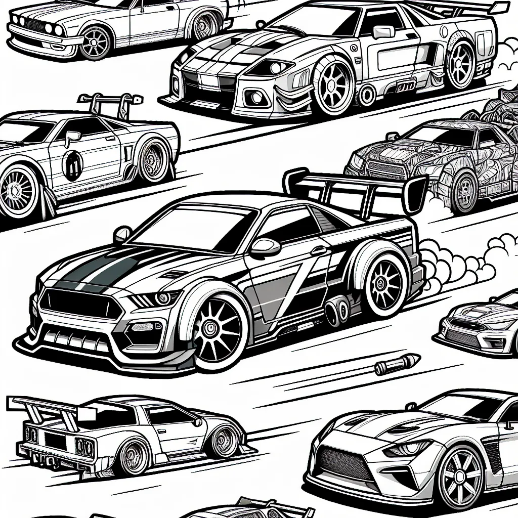 Imagine un coloriage qui représente différentes marques de voitures comme Ferrari, Mercedes, Audi, etc. Chaque voiture a des détails uniques qui la caractérisent, comme le logo de la marque, les traits de design, etc. La scène se passe dans une course automobile épique, où ces voitures se rivalisent pour la première place.