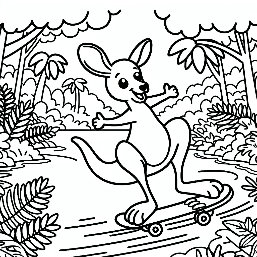 Un kangourou joyeux faisant du skateboard dans la jungle australienne