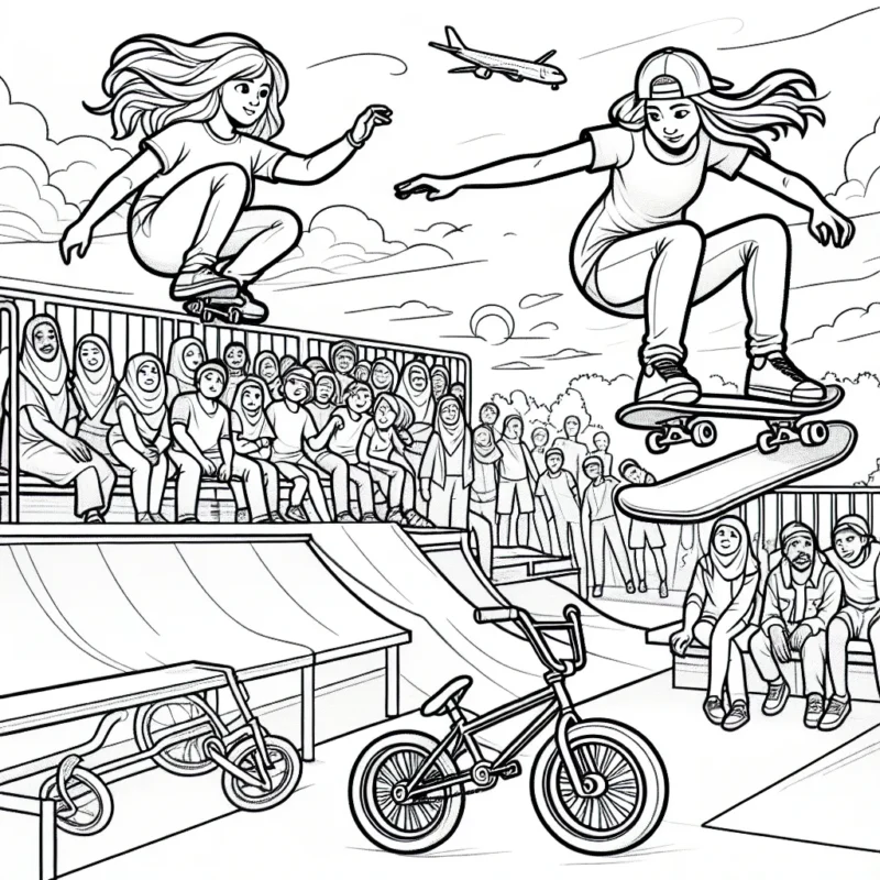 Dans ce dessin, initialement en noir et blanc, une jeune fille réalise un saut audacieux en skateboard sur une rampe dans un parc de skateboard. Un public est rassemblé autour de la rampe, le regard plein d'admiration et d'anticipation. Il y a également un jeune garçon qui fait du BMX en arrière-plan. Tous les détails doivent être colorés, y compris le ciel et le soleil couchant.