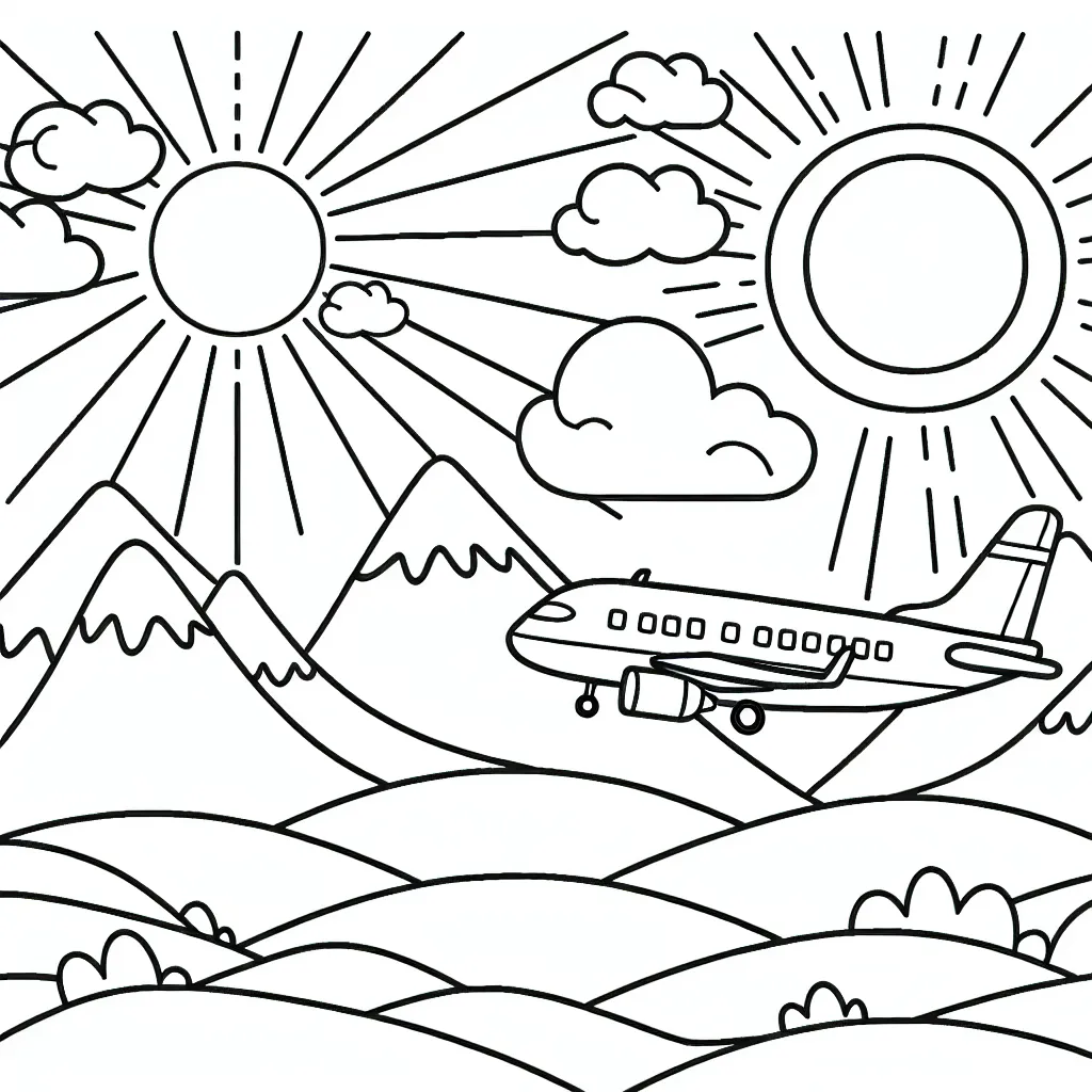 Dessine un avion de ligne survolant un paysage montagneux, avec le soleil en arrière-plan.