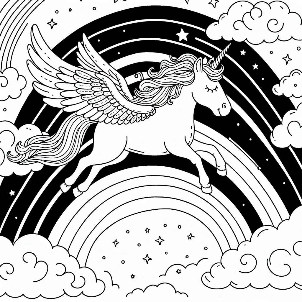 Dans les nuages, dessine une licorne ailée qui galope en sautant d'un arc-en-ciel à l'autre en laissant une traînée d'étoiles