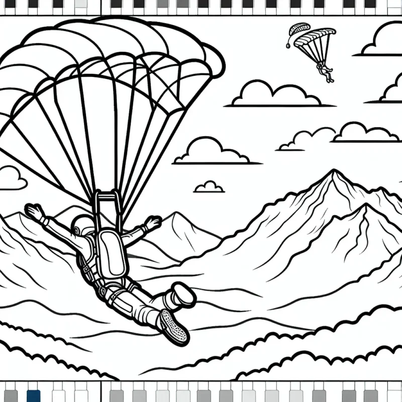 Dessine une scène de saut en parachute avec des montagnes en arrière-plan