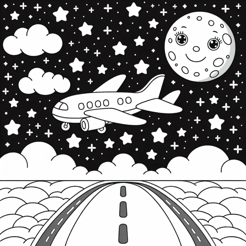 Dessine un avion de ligne virevoltant dans le ciel étoilé avec une lune souriante et deux nuages joufflus sur une piste d'atterrissage.