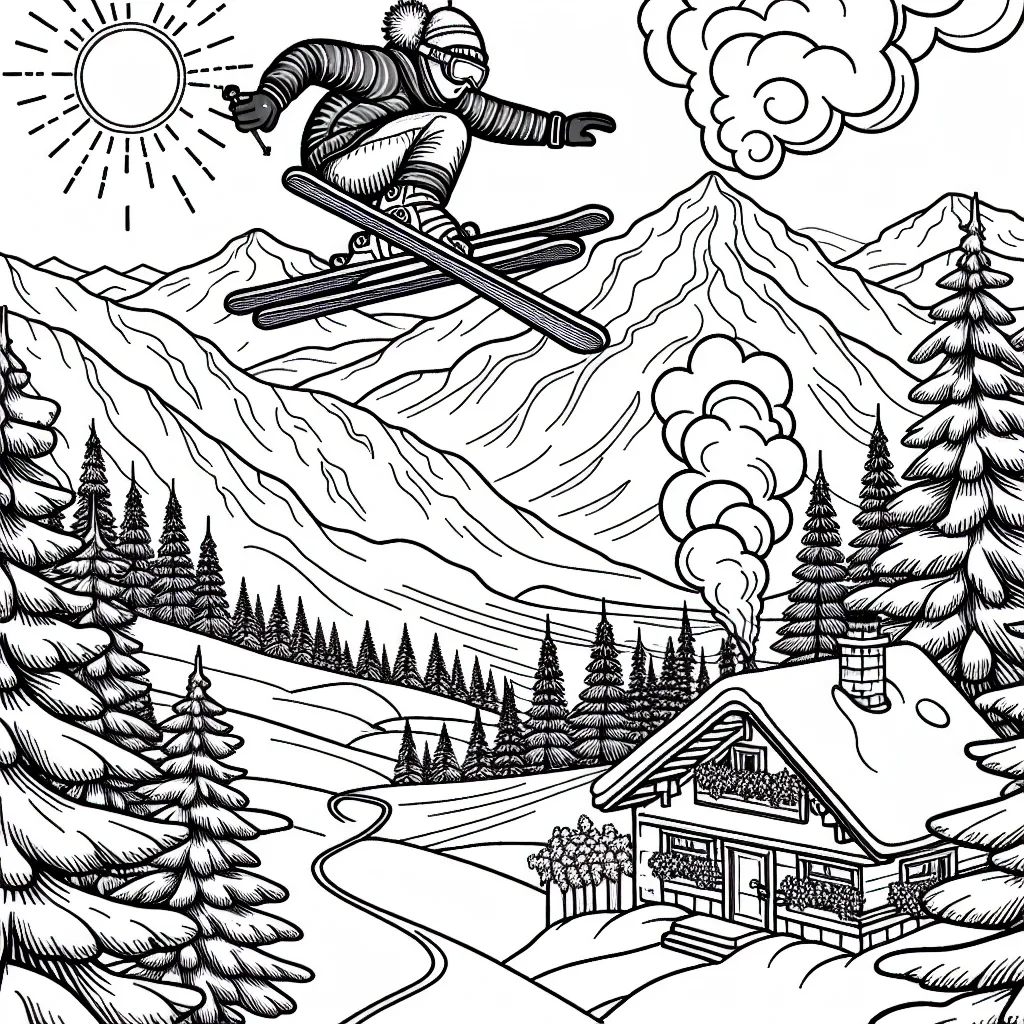 Sur votre page de dessin, imaginez un paysage montagneux avec un skieur accomplissant une acrobatie audacieuse sur une piste de ski extrême. Les sapins enneigés entourent la piste, et en bas, vous pouvez voir un chalet accueillant avec de la fumée s'évitant de la cheminée. N'oubliez pas d'ajouter un soleil éclatant et un ciel bleu clair dans le décor.