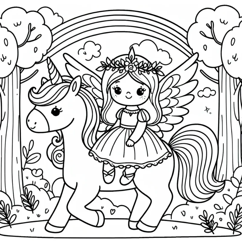 Dessine une princesse ailée se promenant dans la forêt enchantée avec son fidèle ami le licorne arc-en-ciel.