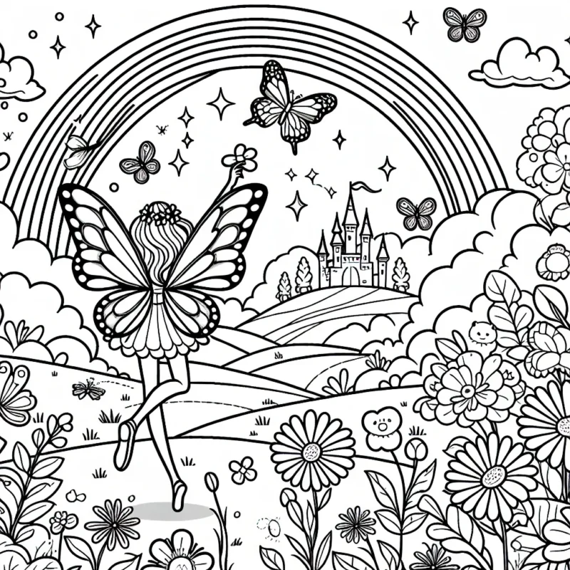 Imagine une scène avec une fée qui danse dans une clairière entourée de papillons multicolores, de fleurs lumineuses et d'un arc-en-ciel dans le ciel. Dessine également un mystérieux château lointain caché parmi les nuages.