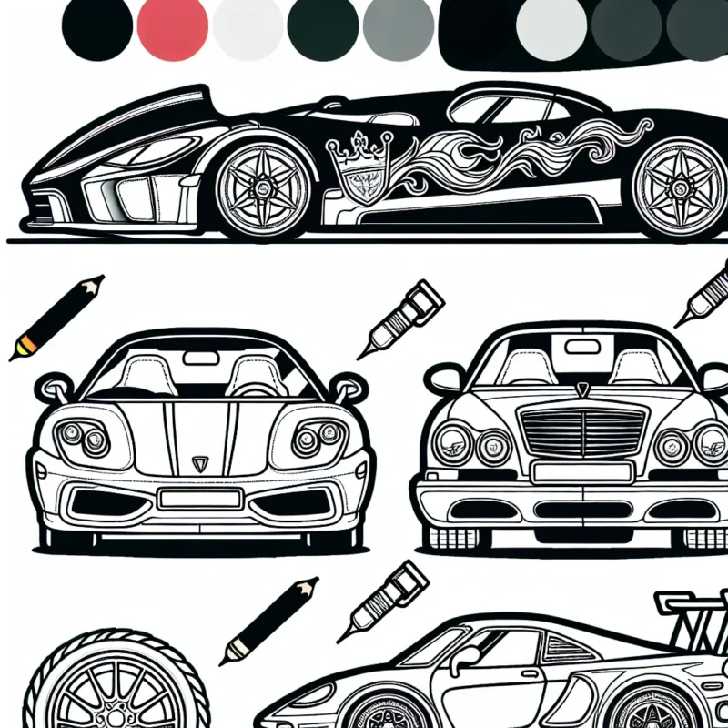 Dessine une scène avec une voiture de chaque marque suivante : Ferrari, BMW, Audi, Mercedes et Porsche. Assurez-vous d'intégrer les logos de chaque marque de manière créative dans le dessin.