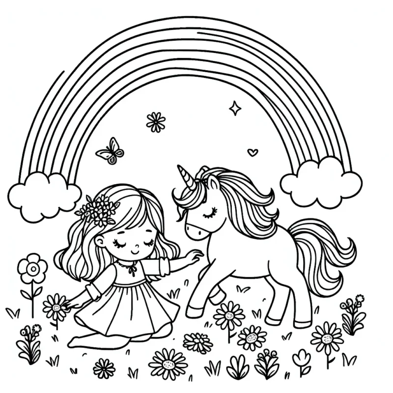 Une petite fille joue avec sa licorne magique dans un champ de fleurs sous un arc-en-ciel lumineux.