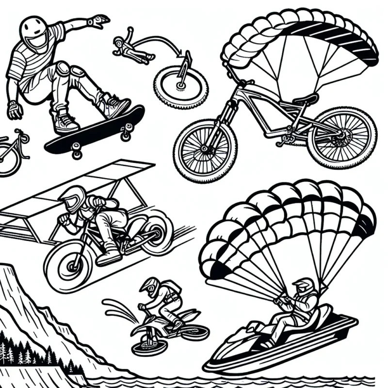 Illustration détaillée de sports extrêmes mettant en scène un skateboarder effectuant des acrobaties dans un skatepark, un VTTiste descendre une montagne escarpée, un parachutiste en plein vol, une personne faisant du jet-ski