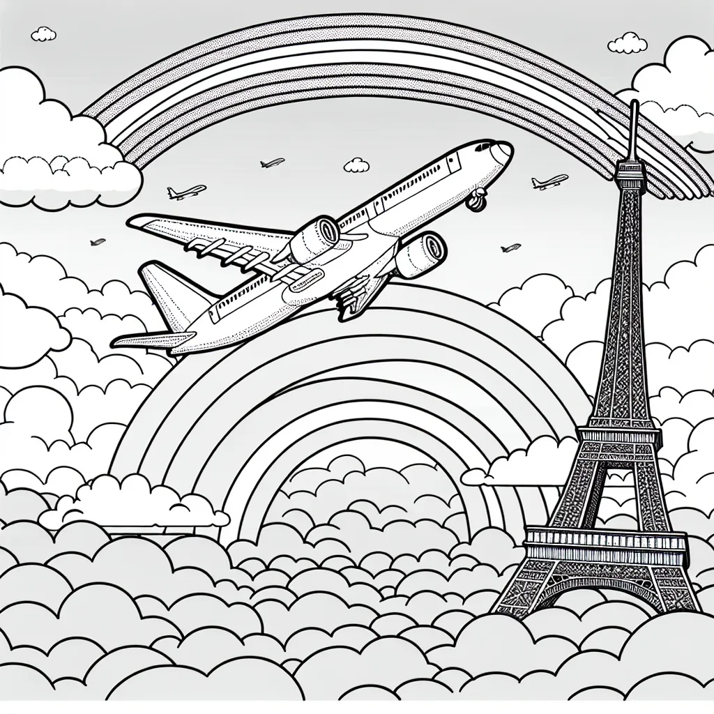 Dessine un avion de ligne survolant la Tour Eiffel avec un arc-en-ciel dans le ciel.