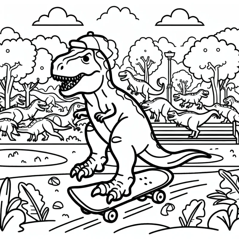 Un féroce dinosaure T-Rex faisant du skateboard dans un parc remplit d'autres dinosaures