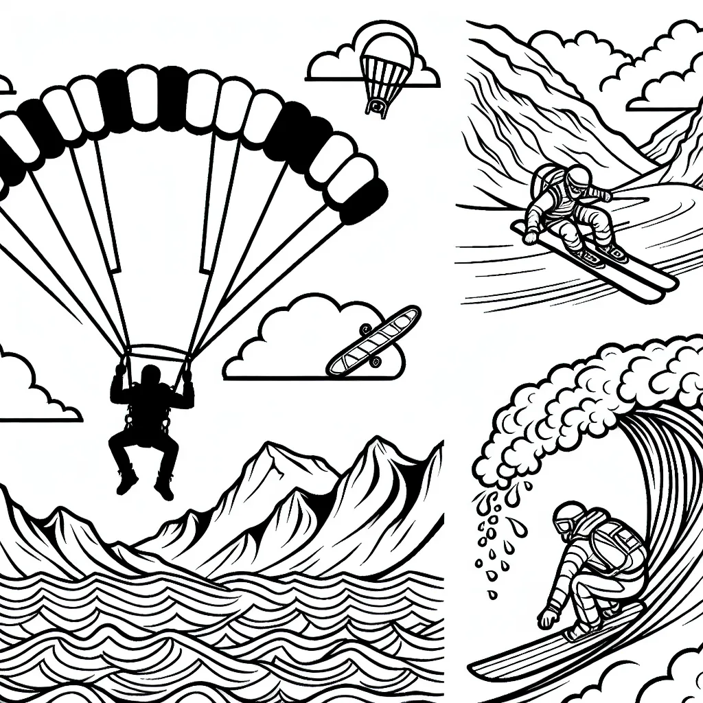 Dessine un parachutiste descendant du ciel tandis qu'un skieur fait des figures incroyables sur la montagne glacée et un surfeur chevauche les vagues tumultueuses de l'océan.