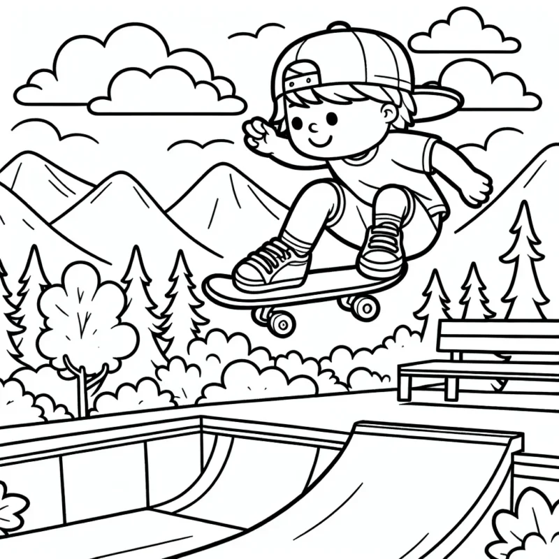 Un jeune skateur exécutant une figure aérienne sur une rampe de skate park, avec des montagnes et une forêt en arrière-plan.