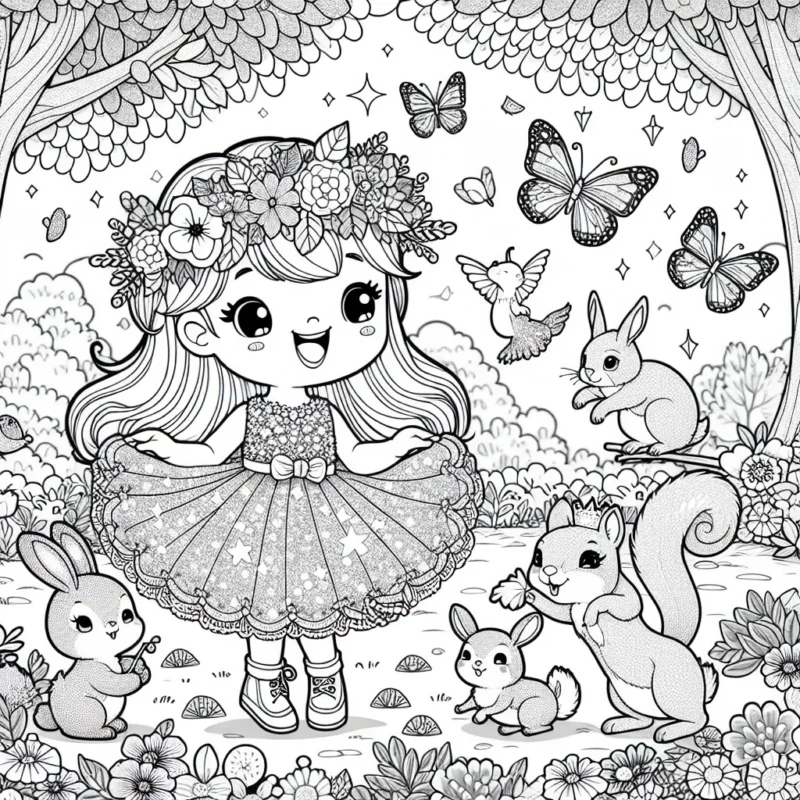 Dans un monde féerique, une petite princesse s'amuse avec ses amis les animaux de la forêt. Elle est dehors dans un joli jardin plein de fleurs colorées et d'arbres aux feuilles scintillantes. Tout autour d'elle, des oiseaux chantent, des lapins sautillent et des papillons dansent dans l'air. Elle porte une jolie couronne de fleurs et une robe scintillante, et elle est en train de donner à manger à un adorable petit écureuil.