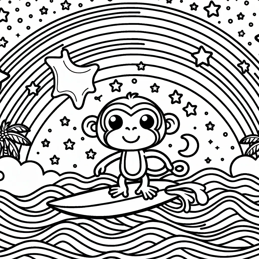 Un singe qui fait du surf sur les vagues de l'océan sous un arc-en-ciel rempli d'étoiles