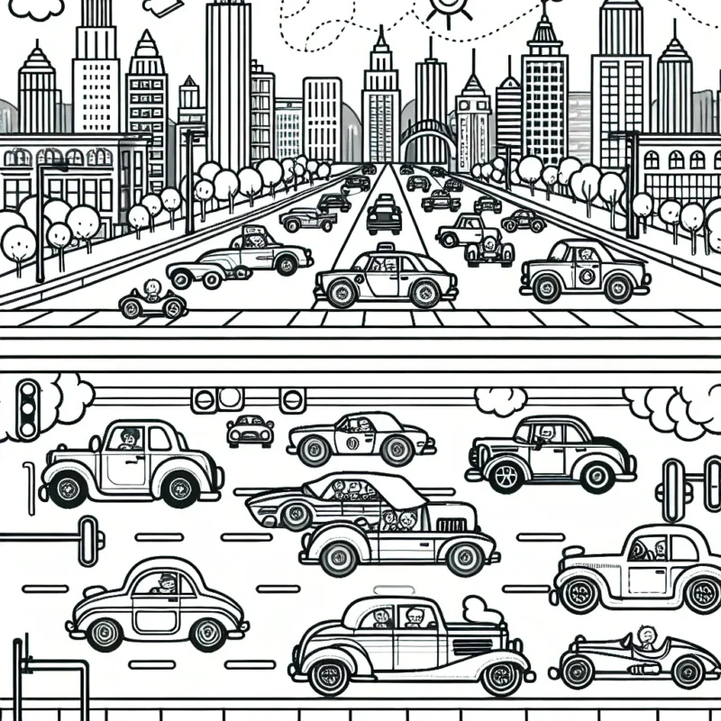 Un défilé de voitures classiques se déroule dans une ville animée, avec des immeubles, des arbres, des feux de circulation et des panneaux routiers en arrière-plan. Les voitures varient en taille et en design allant des berlines, des cabriolets classiques aux voitures de course. N'oubliez pas de colorer le ciel et les trottoirs !