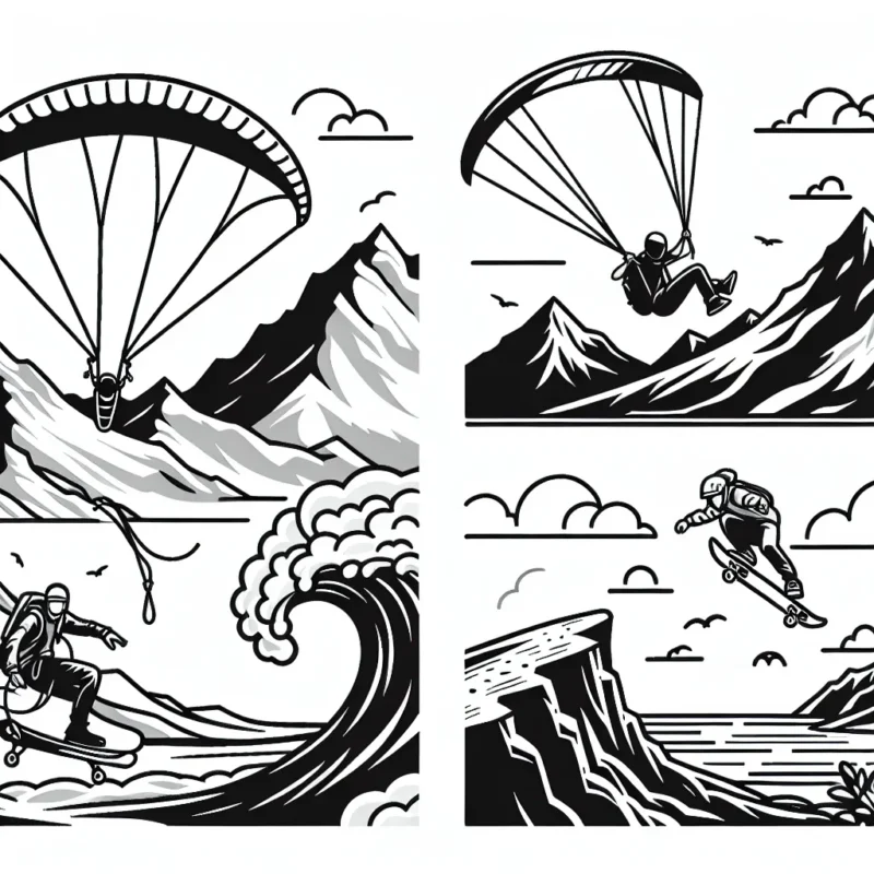 Dessine un parapentiste qui vole au-dessus des montagnes enneigées, un surfeur qui affronte des vagues gigantesques, un skateur qui réalise un saut incroyable et un alpiniste qui escalade une falaise rocheuse.