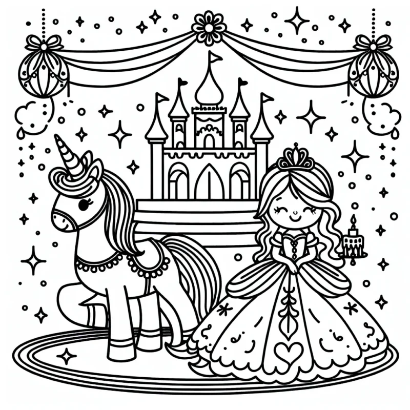 Un bal royal avec une princesse et sa licorne